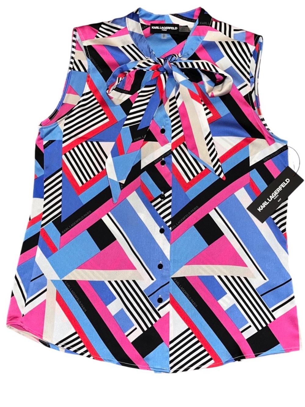 Karl Lagerfeld Paris Suit Pink Blue Geo Button Up Blouse NWT Small Bow Tie